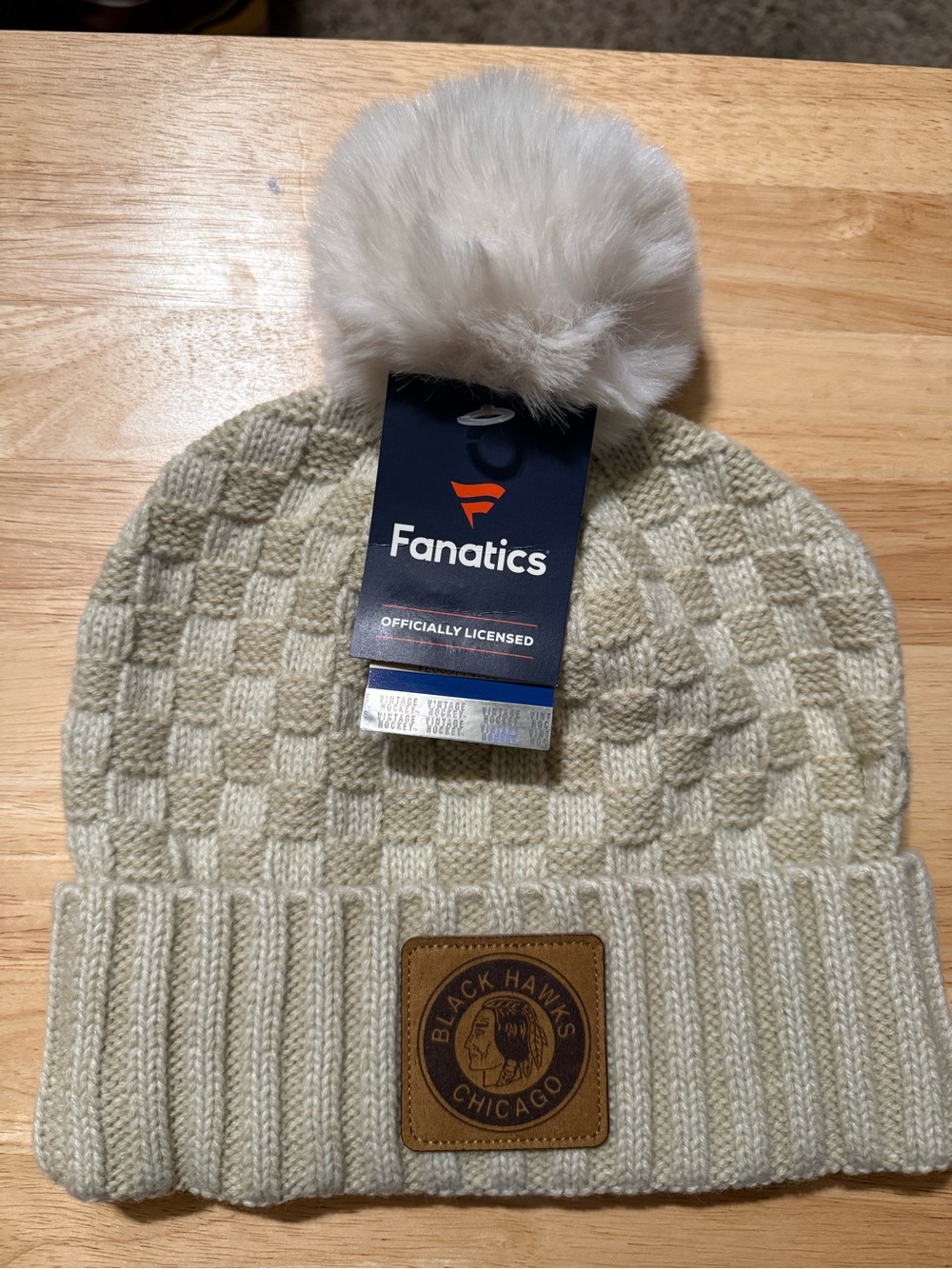 Fanatics Chicago Blackhawks Cream Knit Beanie with Leather Patch
